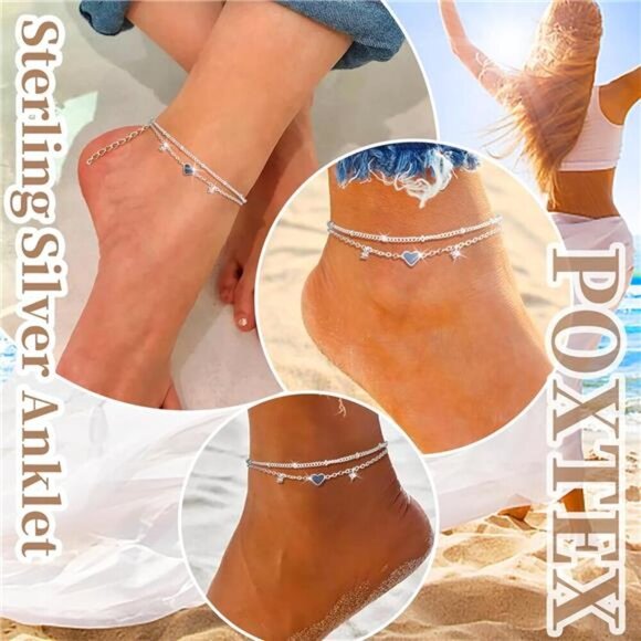 Sterling Silver Anklet for Women Heart Charm CZ Layered Waterproof Jewelry - Picture 4 of 8